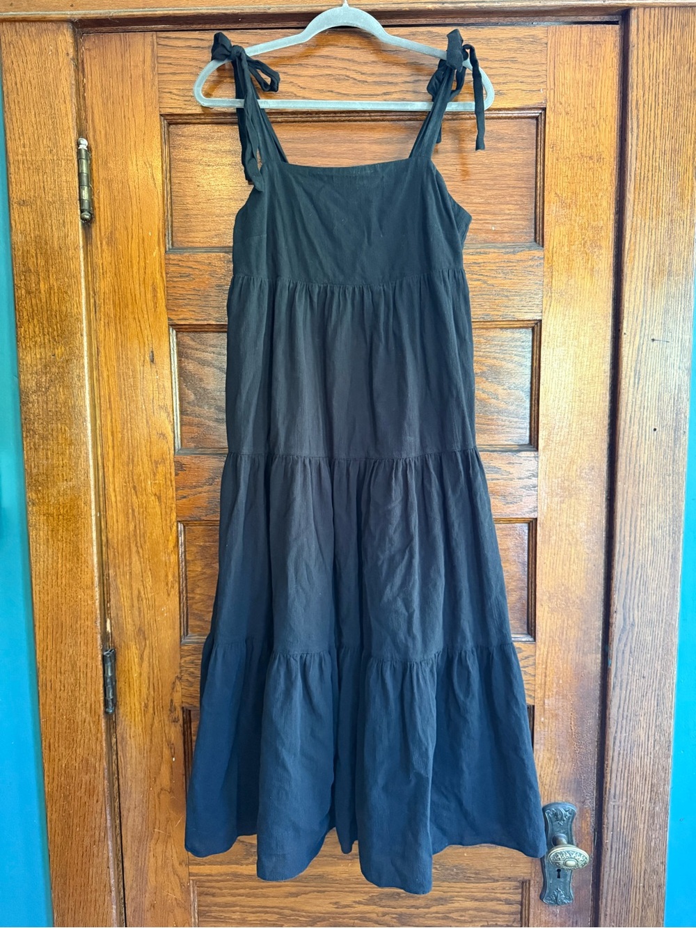 MADEWELL 100% Cotton Tie Strap Shoulder Tiered Midi Babydoll Dress Flowy Black S